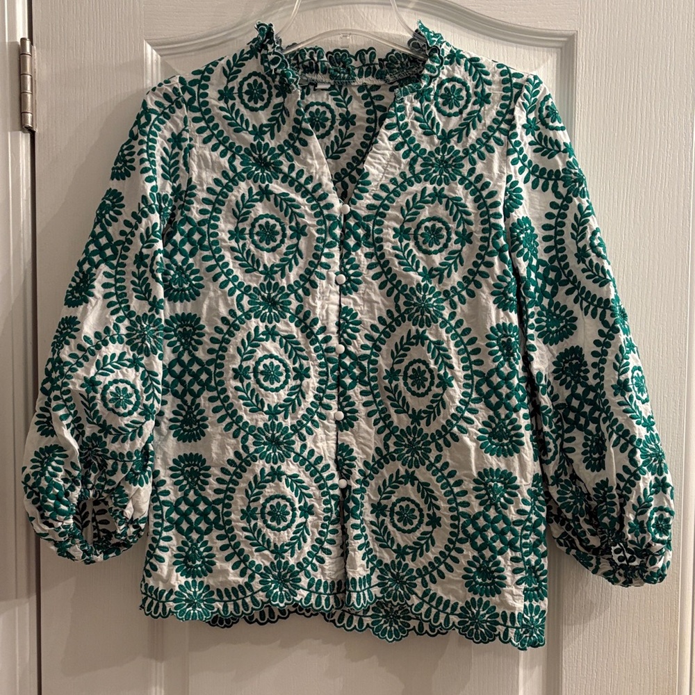Green Embroidered White Women's Blouse size S